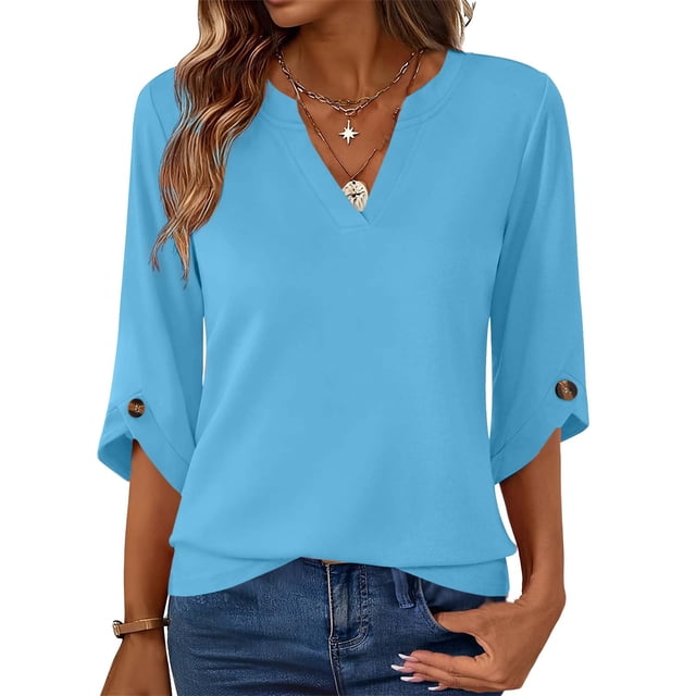 Mujeres 3/4 Manga de Verano Tops V Cuello Botonado Color Sólido Blusa, Camisetas Casuales de las Mujeres Suelto Ajuste Suave Respirable Primavera de Uso Diario