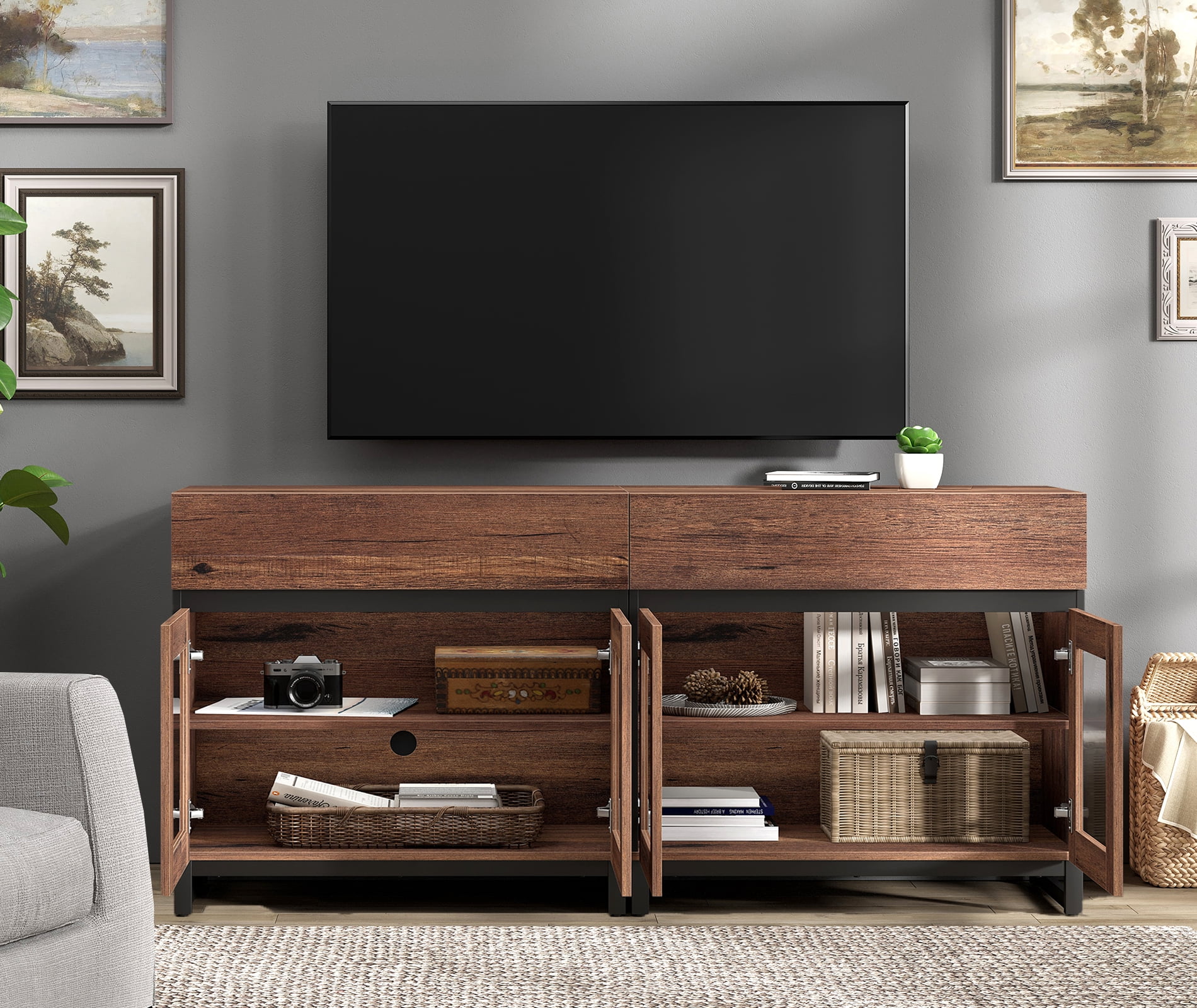 WAMPAT 2-in-1 Modern TV Stand with Glass Doors & 2 Drawers, Metal Base Entertainment Center for 70 Inch TVs, Media Console for Living Room & Bedroom