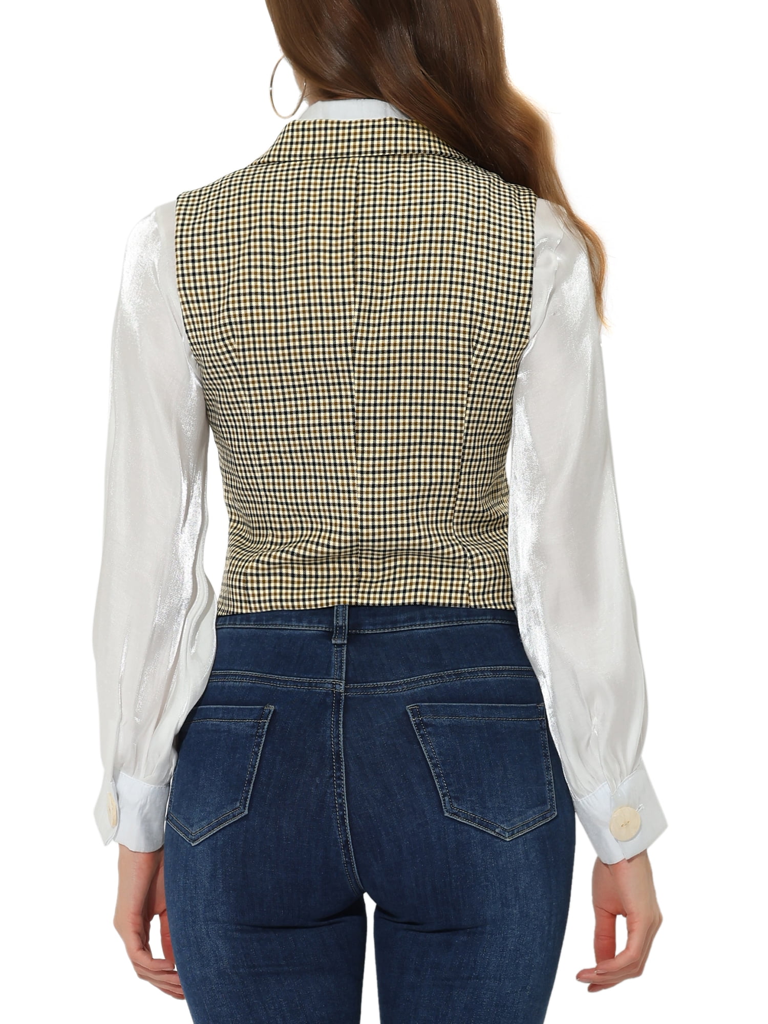 DARING DIVA Women's Plaid Waistcoat Notched Lapel Collar Vintage Vest S Brown