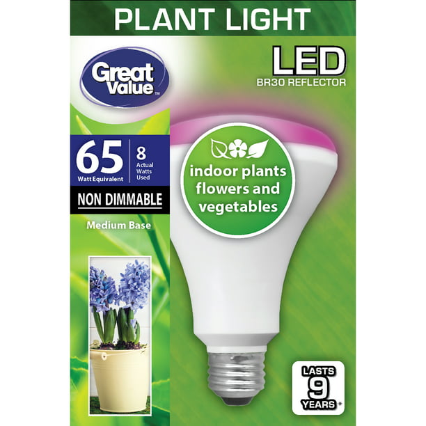Great Value LED Light Bulb, 8 Watts (65W Equivalent) BR30 Grow Light Lamp E26 Medium Base, Non-dimmable, Plant, 1-Pack