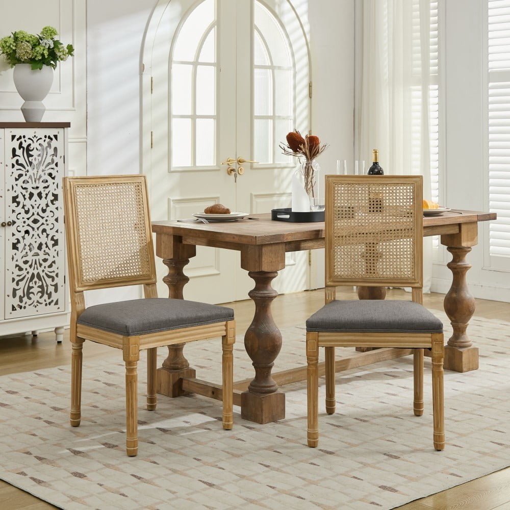French Dining Chairs Set of 2, Louis Style Chairs with Square Rattan Backrest, Carved Solid Wood Frame, Linen Upholstered Seat, Gray