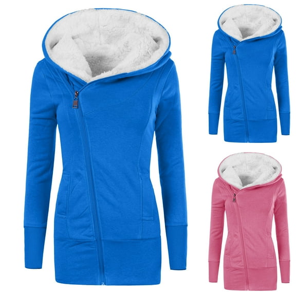 Lovskoo 2024 Winter Coats for Women 2023 Trendy Sherpa Fleece Lined Jackets Hooded Fall Sweatshirt Solid Thickened Fleece Long Sleeve Slim Zipper Casual Jacket Coat Pink