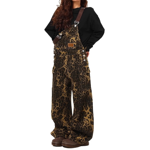 Women's Leopard Print Overalls Jeans Loose Fit Bib Wide Leg Denim Jumpsuit Y2K Streetwear Baggy Pants