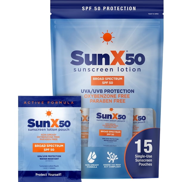 CoreTex Sun X 50 SPF paquetes de protector solar de amplio espectro con bolsa de viaje resellable – Paquete de 15 octinoxato de parabeno oxibenzona y protector solar sin aceite – Resistente al agua y
