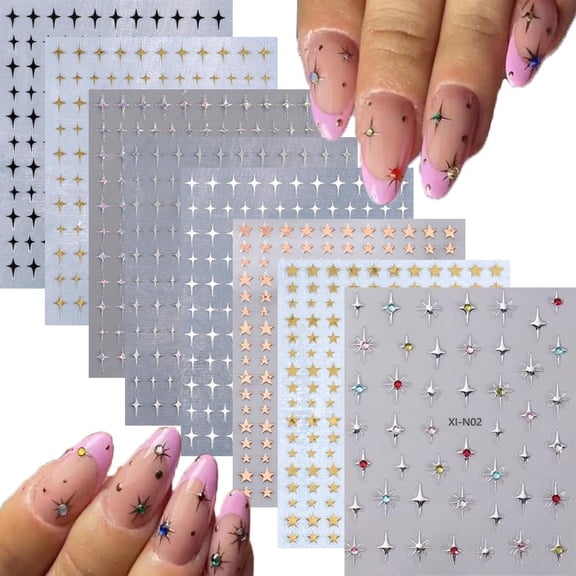 RAGUPEL 12 Sheets Star Nail Stickers 3D Glitter Shiny Gold Silver White Black Stars Nail Art Design Decals Self-Adhesive Star Stickers Diy Nails Decals Nail Tips for Manicure Decoration