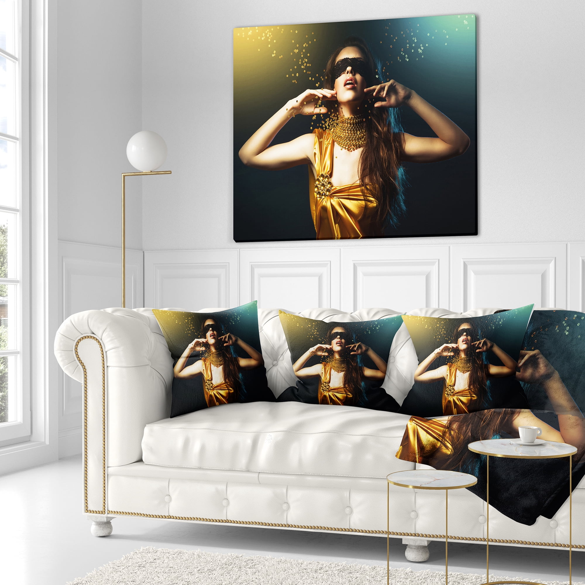 Designart Woman in Yellow with Mask - Portrait Throw Pillow - 16x16