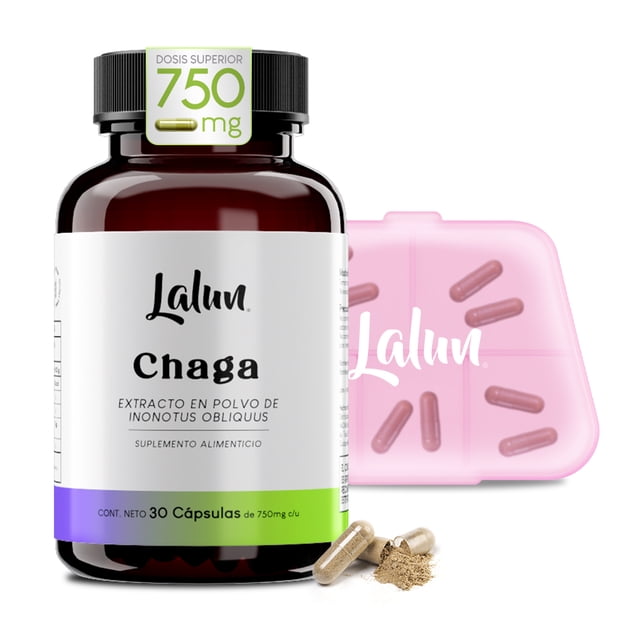 hongo adaptogeno natural: chaga extracto orgánico 100% puro | cápsulas veganas de 500mg | 60 cápsulas | probiotico natural | suplementos alimenticios | lalun organic Frasco frontal Lalun Chaga con etiqueta blanca y tapa negra, la palabra "Chaga" legible; bandeja translúcida con cápsulas rosadas y dos cápsulas abiertas con polvo beige en primer plano; formato de cápsulas conveniente para llevar en viajes.