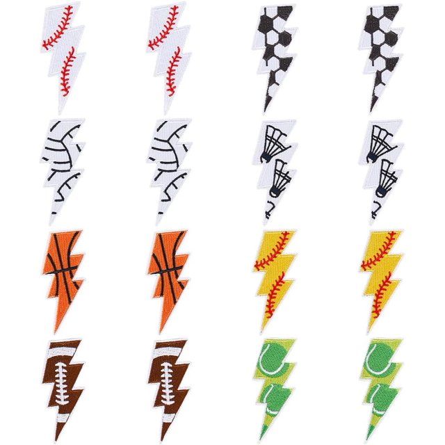 16 parches deportivos termoadhesivos, 8 estilos diferentes, con diseño de rayo. Parches deportivos para coser, ideales para fútbol, rugby y otros deportes. Apliques bordados de rayos.