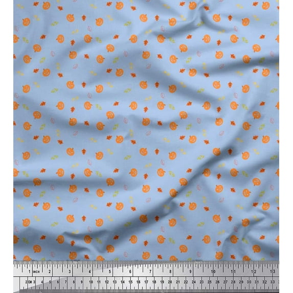Soimoi Japan Crepe Satin Fabric Leaves & Pumpkin Halloween Decor Fabric Printed Yard 42 Inch Wide