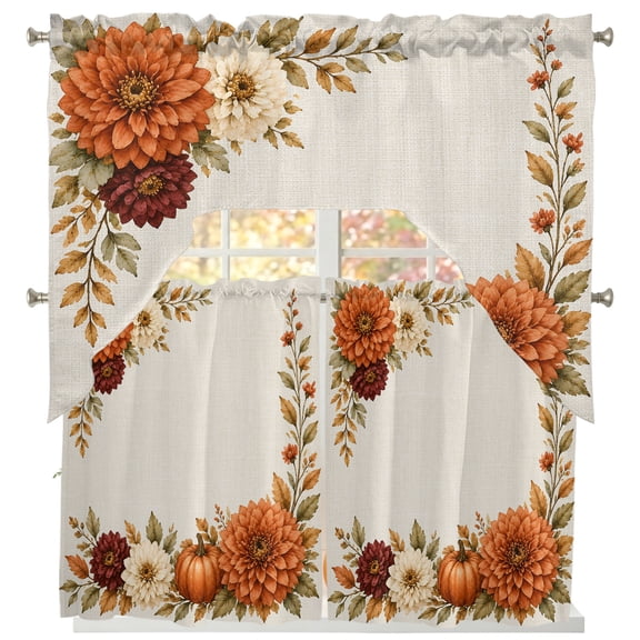 Fall Farmhouse Kitchen Curtains Swag Valance and Tier Curtains Set 36 Inch Length, Thanksgiving Pumpkin Floral Leaves Rustic Rod Pocket Drape Swag Curtain for Cafe/Bathroom/Bedroom Window Treatment