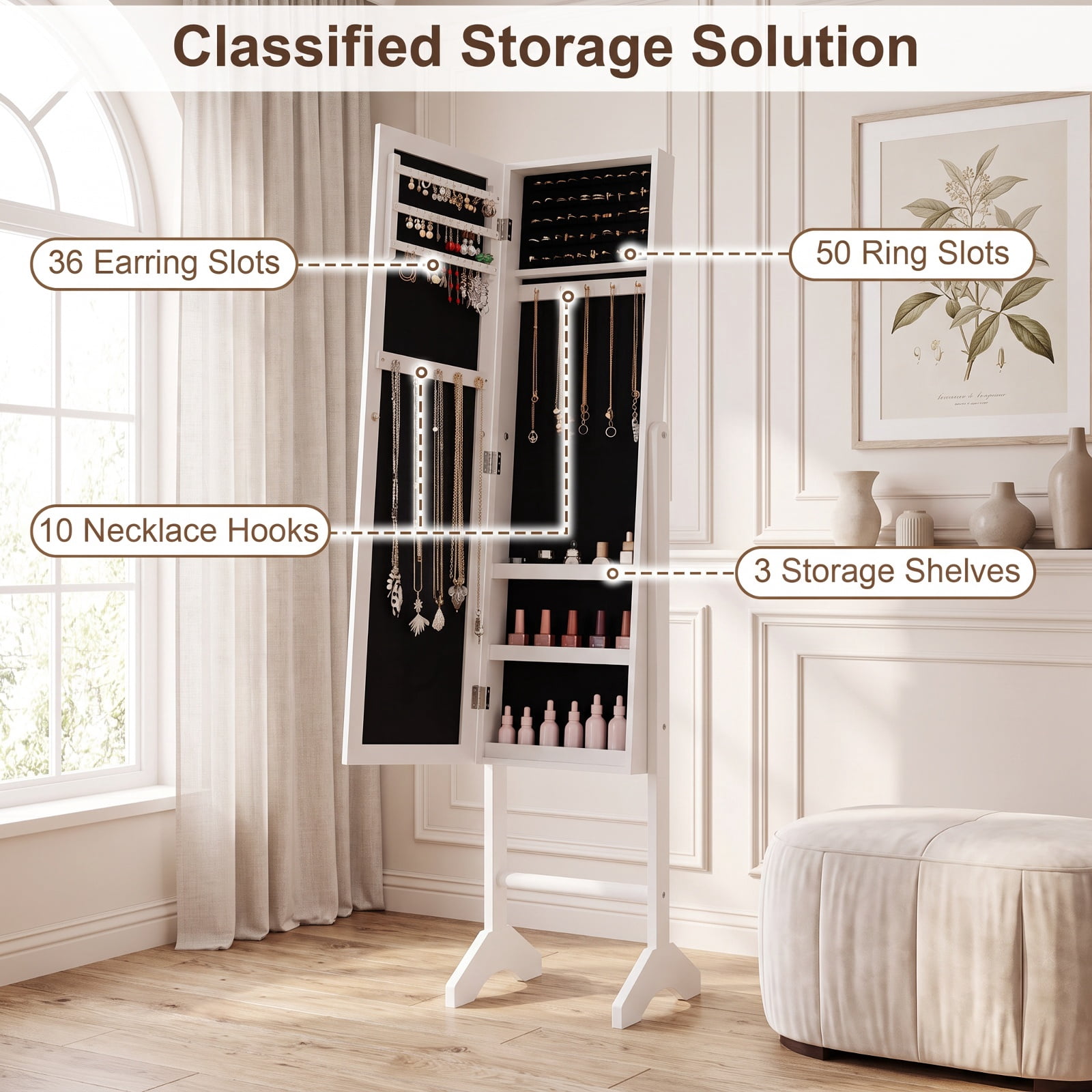 Furnibear Freestanding Jewelry Armoire with Velvet Lining and Full Length Mirror for Bedroom Dressing Room Jewelry Necklace Rings Storage, White