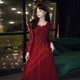 thumbnail image 4 of Vestido de noche con apliques rojos, elegante vestido de fiesta hasta el suelo de manga larga para mujer, diseño clásico de tul adecuado para mujeres embarazadas, 4 of 5