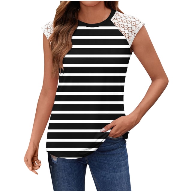 fatyb Débardeurs Rayés Femmes Dentelle Sans Manches T-Shirts Col Rond Tunique Décontractée Blouses d'Été Amples