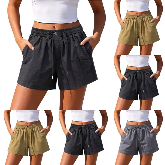 CFLVAEK Athletic Shorts for Women Quick Dry Drawstring High Waisted Workout Shorts Summer Running Hiking Shorts with Pockets Khaki XL