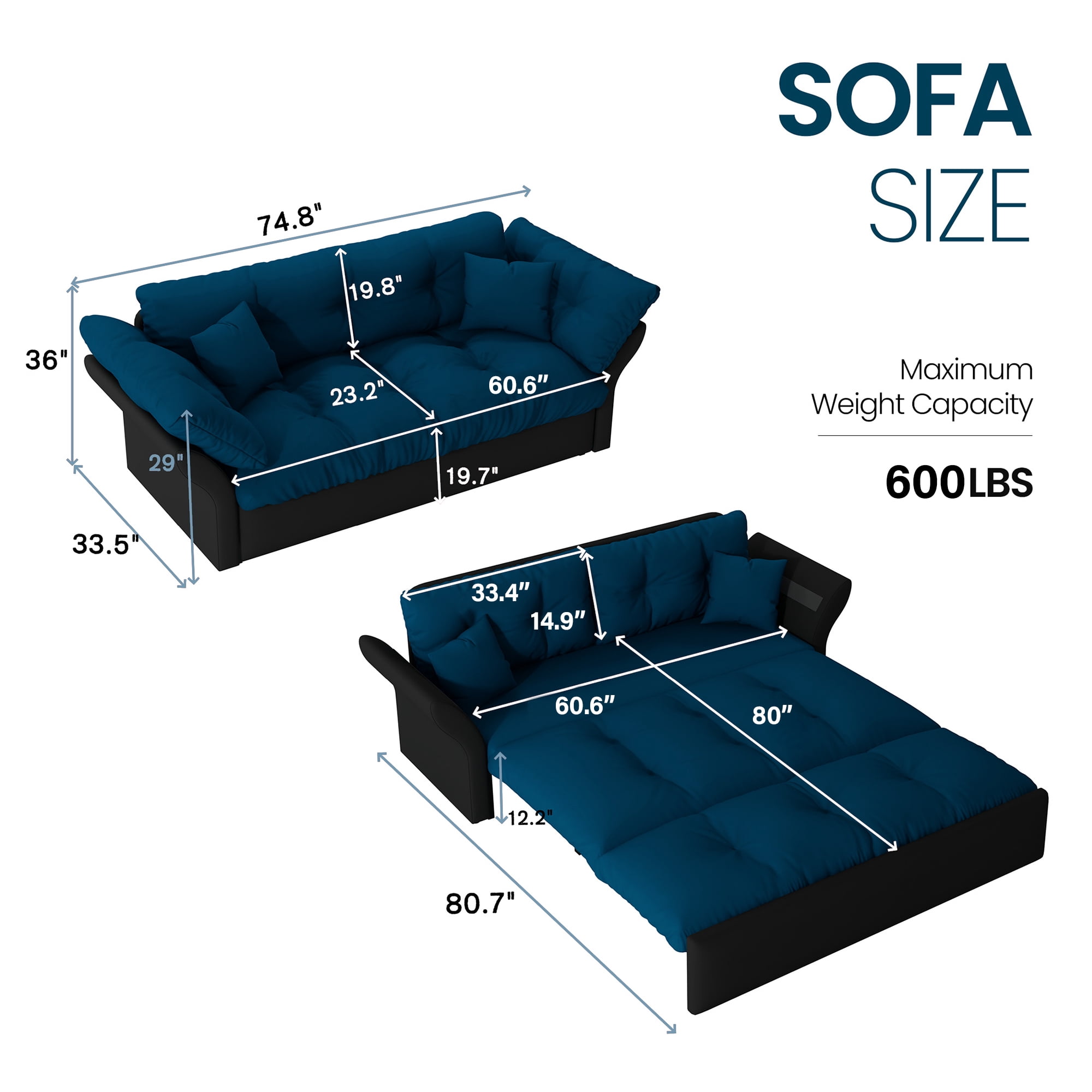 Aukfa 74.8" Queen Pull Out Sofa Bed, Convertible Loveseat Sleeper Sofa Couch with 2 Pillows, Tufted, Blue