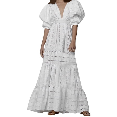 OSOLU Solid Color Women Summer Deep V Puff Sleeve Lace Dress Hollow Long Skirt Comfort Sundress Dresses For Women 2025 Elegant Classy