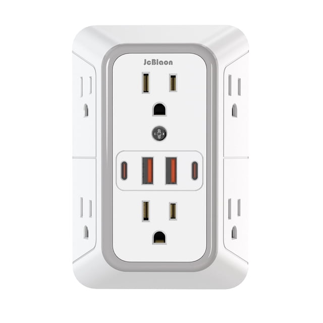 JcBlaon Protector contra sobretensiones extensor de salida – Divisor de 6 salidas con 4 puertos USB (2 USB C), cargador de pared expansor de enchufe múltiple, adaptador de pared de enchufe múltiple de