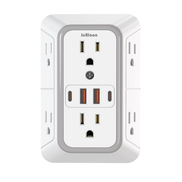JcBlaon Protector contra sobretensiones extensor de salida – Divisor de 6 salidas con 4 puertos USB (2 USB C), cargador de pared expansor de enchufe múltiple, adaptador de pared de enchufe múltiple de