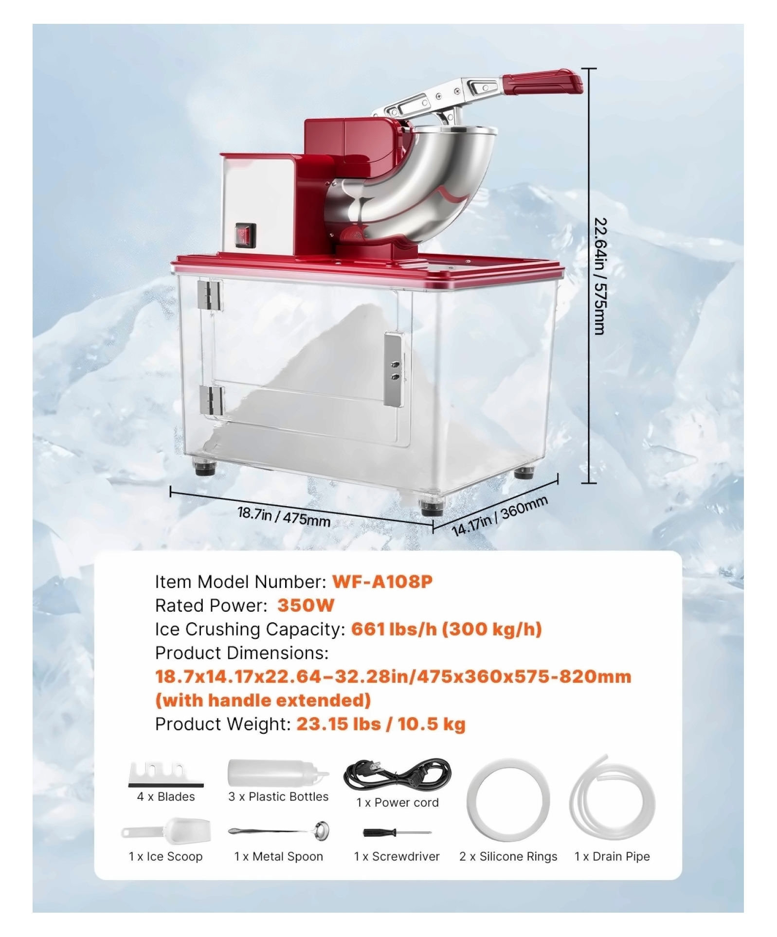 Commercial Ice Crusher 661LBS/H Electric Snow Cone Maker - Heavy Duty Shaved Ice Machine - 50L Capacity - Red