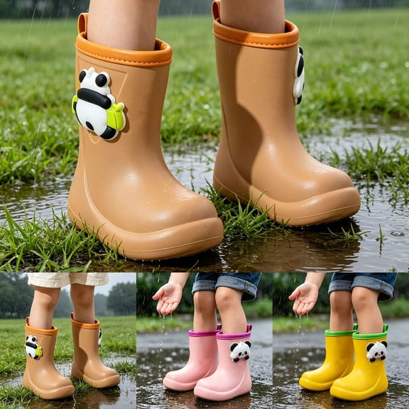 Kcolen Kids Cute Panda Rain Boots 3D Charm Waterproof Non- Outdoor Rain Shoes for Toddler Boys Girls, All Season Ages 2-11 Brown