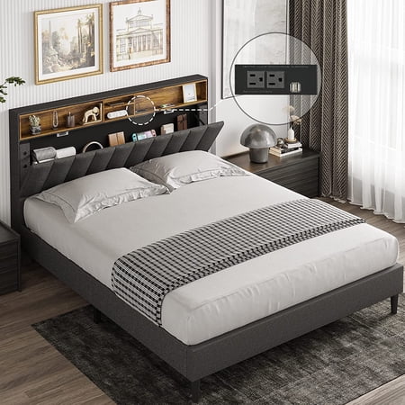 Queen Bed Frame with Stoarge Headboard  USB Ports & Outlets  Queen Size Platform Bed Frame with Height Adjustable Headboard  Easy Assembly  Noise-Free  Dark Grey