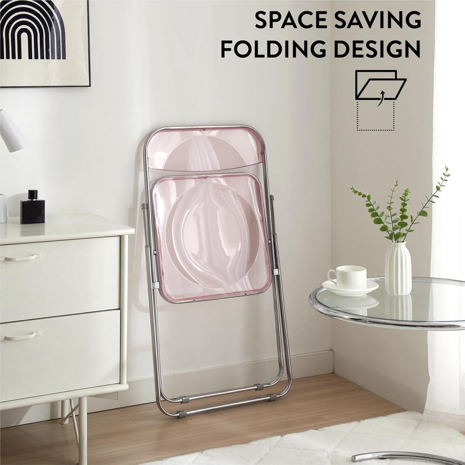 Urban Shop Transparent Acrylic Modern Folding Chair with Chrome Frame, Blush