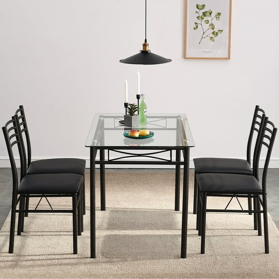 VECELO 5-Piece Dining Set Tempered Glass Top Table with 4 Upholstered Chairs for Home, Kitchen, Living Room, Black