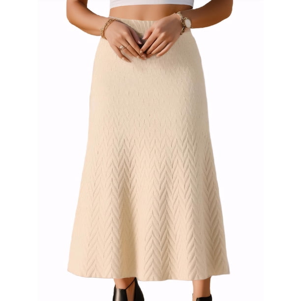 Falda midi de suéter elástica de cintura alta de punto acanalado para mujeres Inspire Chic XL beige
