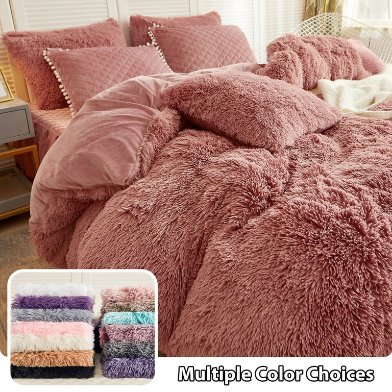 Pink Fluffy Bedding Set, Faux Fur Comforter, Fuzzy Comforter