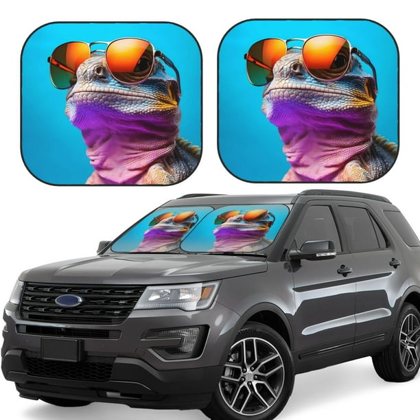 Balery Lizard With Sunglasses Colorful Parasol para parabrisas de coche de 2 piezas | Parasol plegable para parabrisas delantero de coche para la mayoría de sedanes-Small