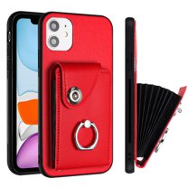 Case for iPhone 12 - PU Leather Wallet Cover with Credit Card Holder and Rotating Ring Kickstand - Shockproof Anti-Scratch Accordion Design Card Slots Purse Case for iPhone 12, Red