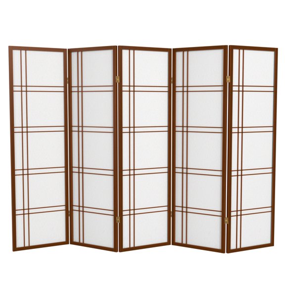 5 ft Tall Japanese Style Double Cross Lattice Shoji Walnut Screen, 5 Panels - Indoor Room Divider