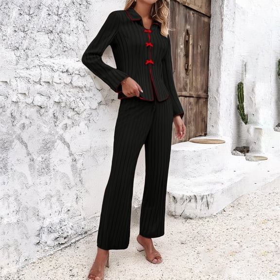 Womens Pajamas Ribbed Pajama Sets for Women Pullover V Neck Long Sleeve Sleepwear Matching Comfy Long Pants Outfits
