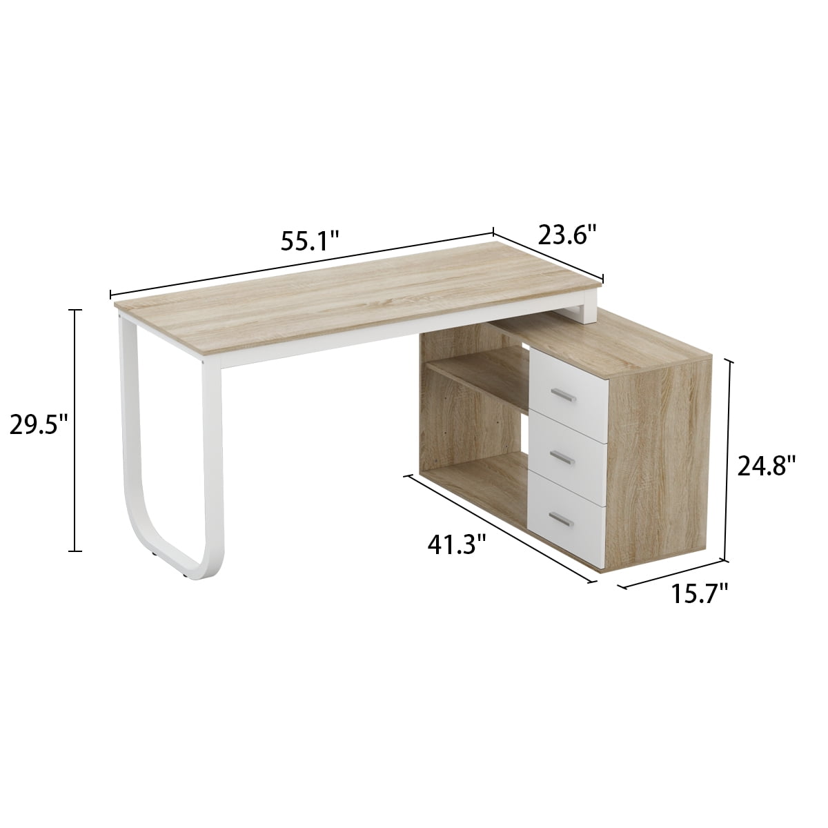 MONSLIPA L Shaped Desk with Storage Shelf and 3 Drawers, 55" Home Office Corner Office Writing Desk Study Workstation Table, Oak