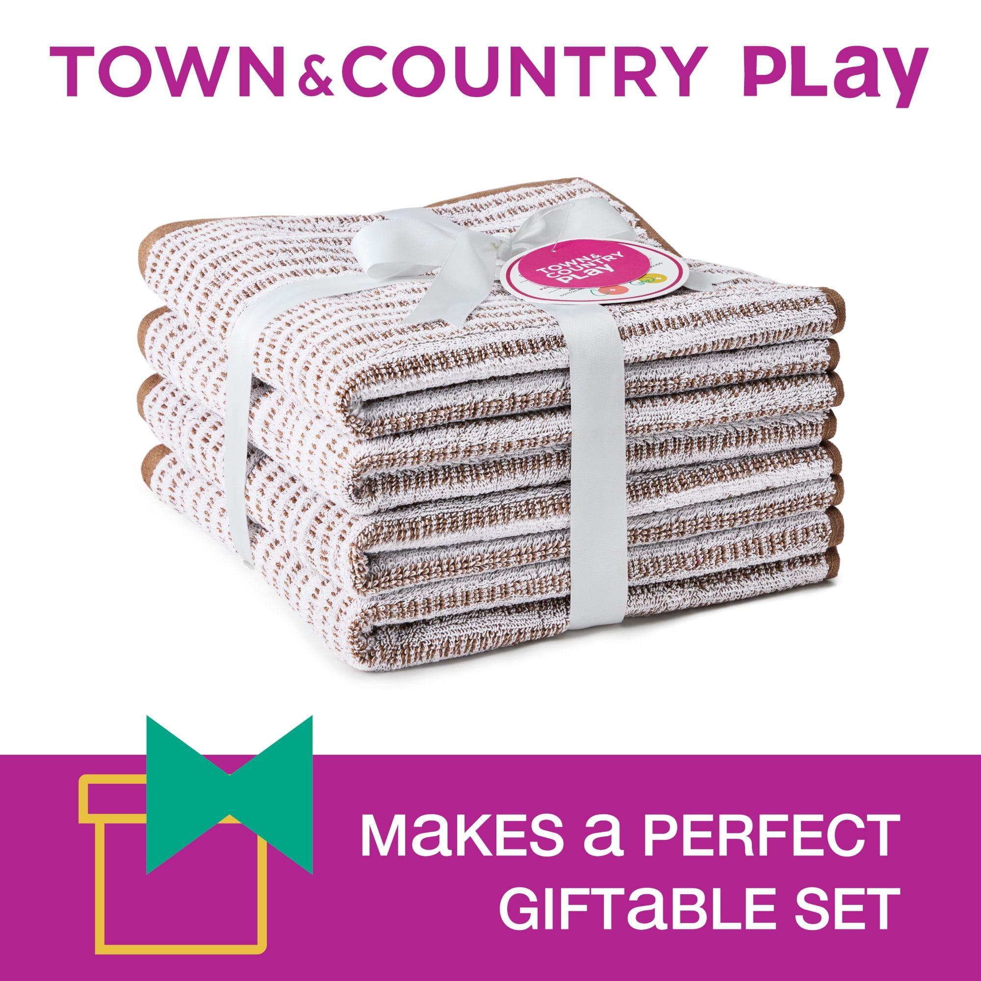 TOWN & COUNTRY PLAY 4-Piece Striped Reversible Terry Brights Hand Towel Set, 20"x30", 100% BCI Cotton, Plush & Absorbent 550GSM, Mocha Brown