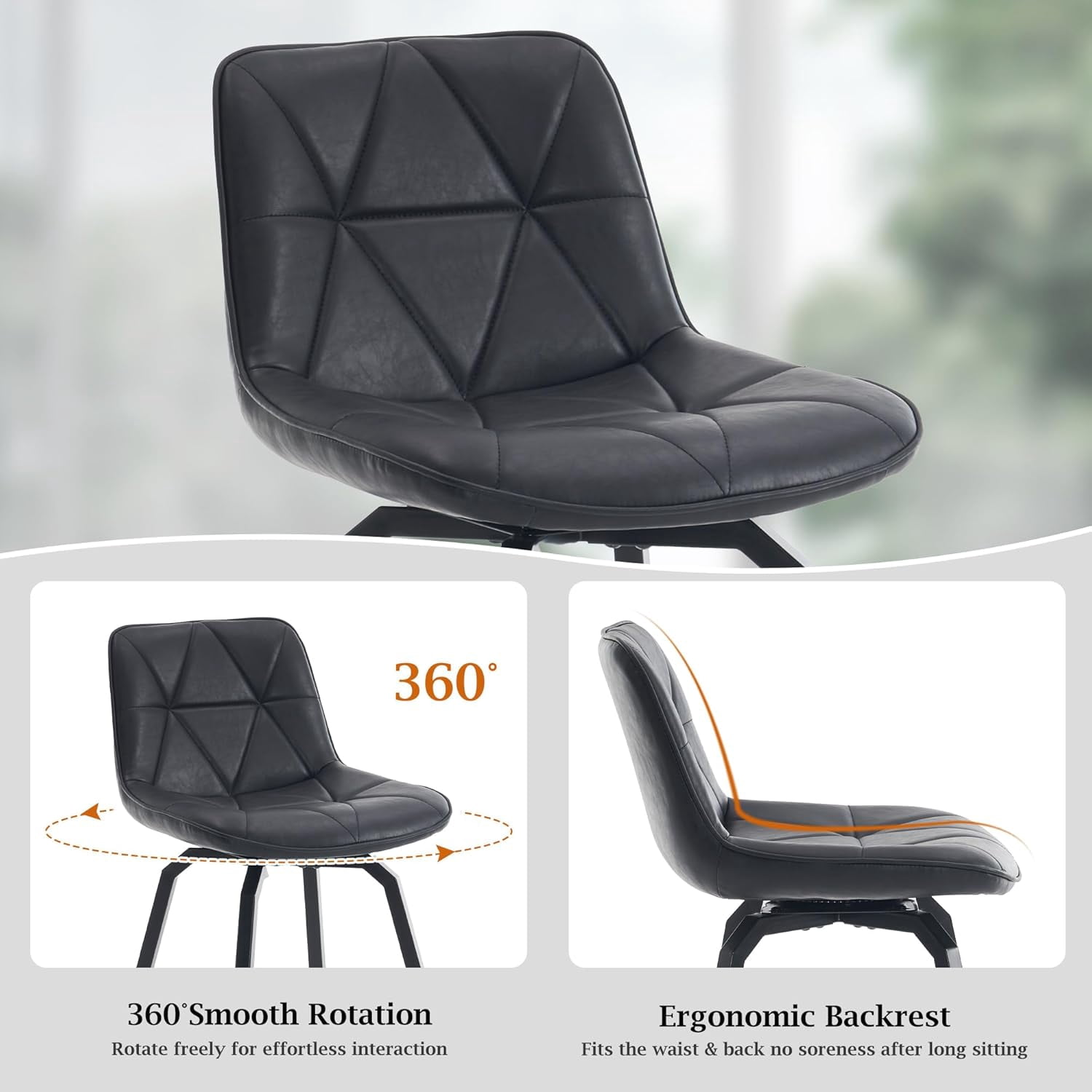 Fancrou 26″ Swivel Counter Height Bar Stools Set Of 3, Triangular Pattern Faux Leather Seat With Metal Legs And Back, Retro Black