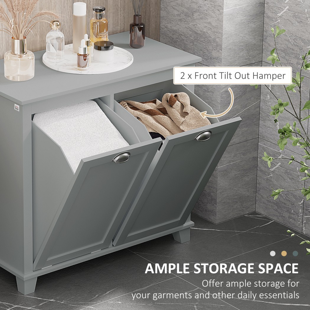 Tilt-Out Laundry Cabinet with 2 Hampers, Freestanding Laundry Sorter, Bathroom Storage Cabinet with Double Compartments, Gray