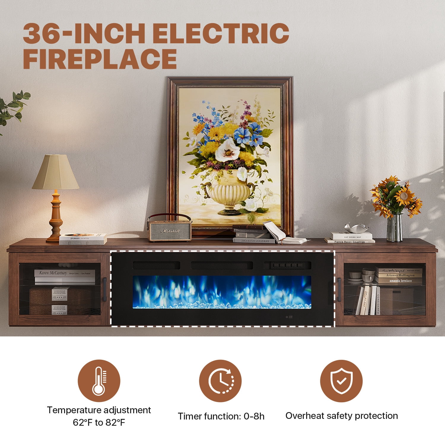 Sonegra Floating Fireplace TV Stand for TVs up 80", Wall Mounted Fireplace Entertainment Center, 70" Console Table with Electric Fireplace, Brown