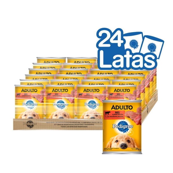 Charola de Alimento Húmedo Lata para Perro Adulto Sabor Res Carne Molida Pedigree 24 Latas de 375 g