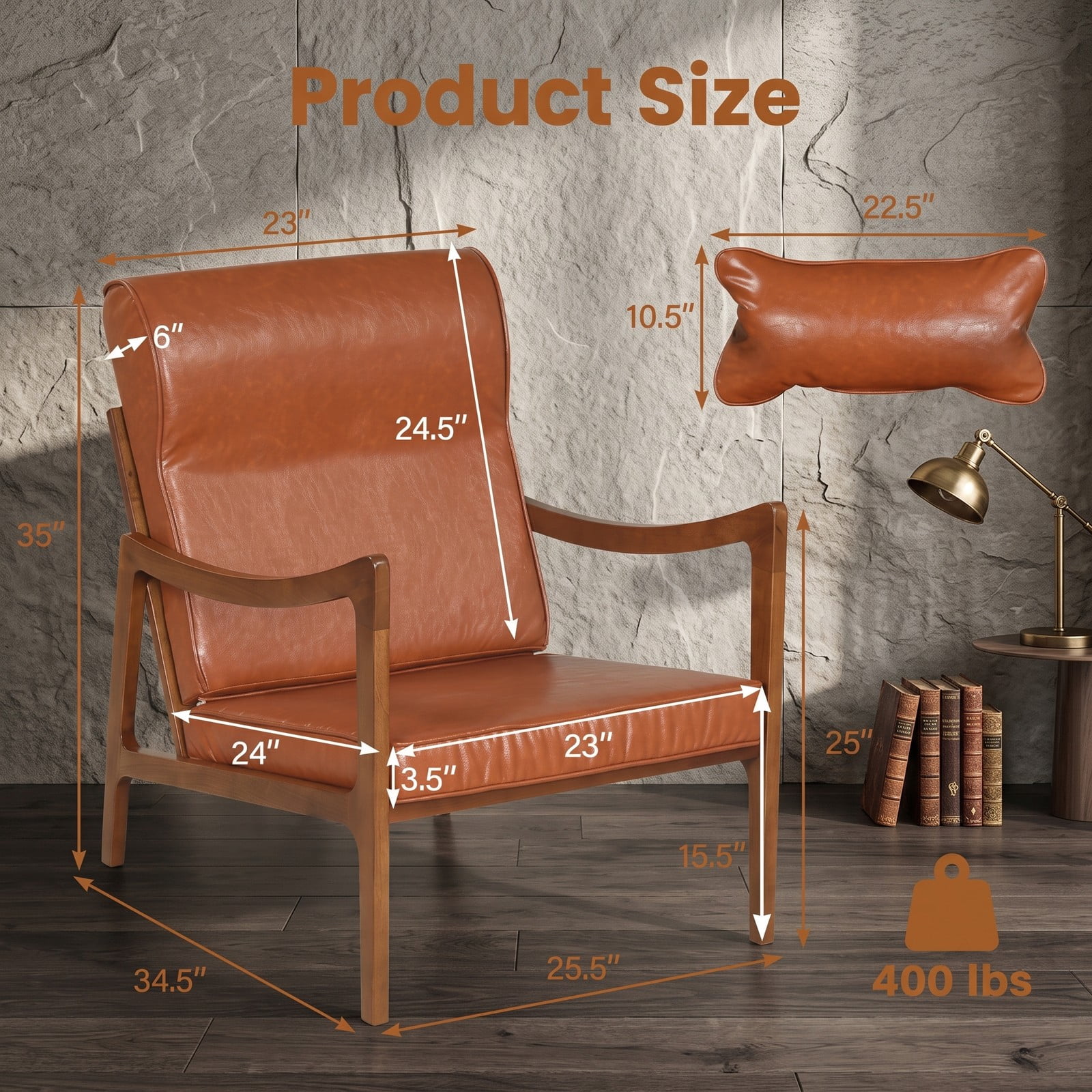 Furnibear Modern Accent Chair, Rubber Wood Faux Leather Upholstered Armchair with Removable Back Seat Cushion & Lumbar Pillow, Padded Living Room Reading Side, Brown