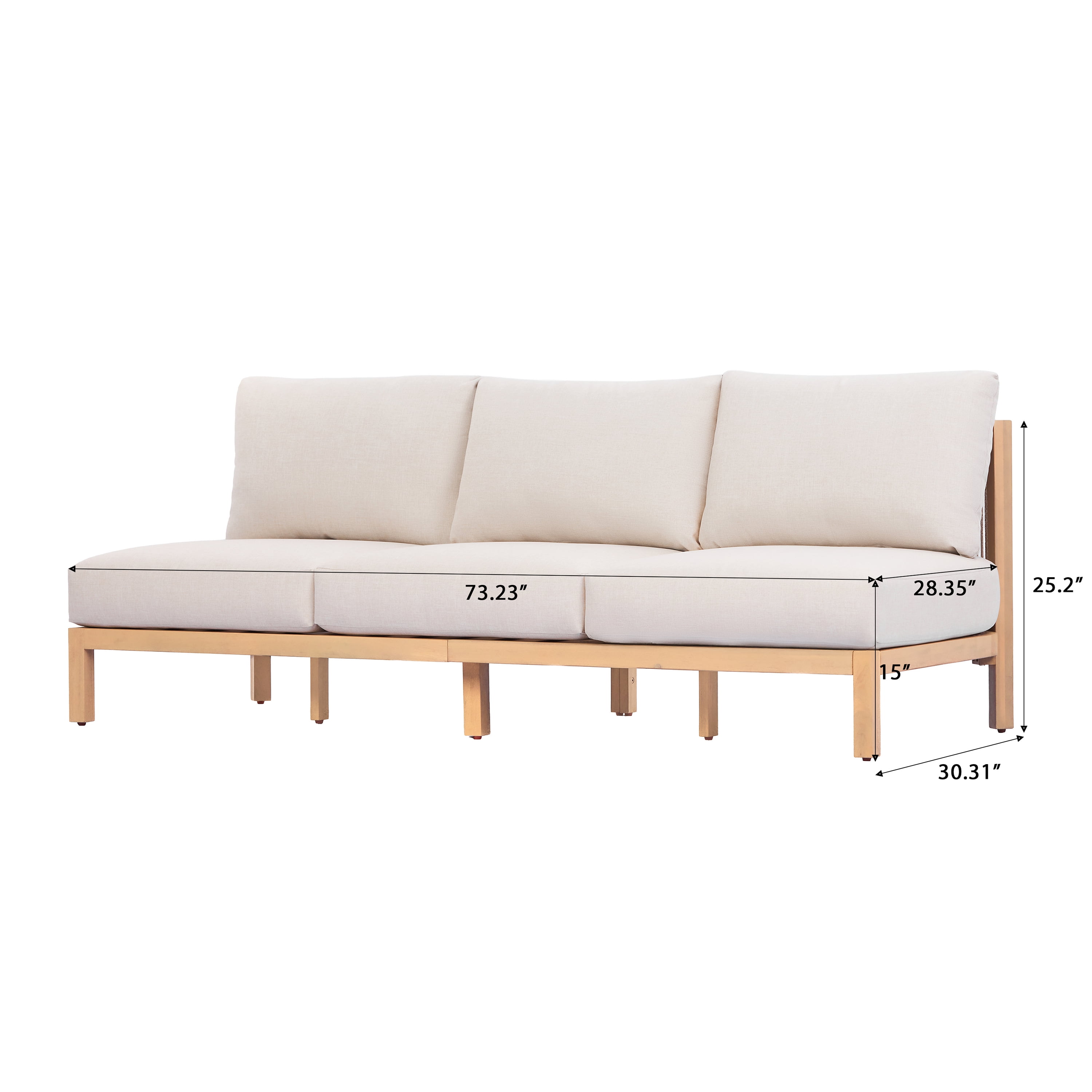 73-Inch Outdoor Acacia Wood 3-Seater Sofa with Rope-Braided Backrest and Beige Cushion, Patio Furniture for Garden, Light Teak
