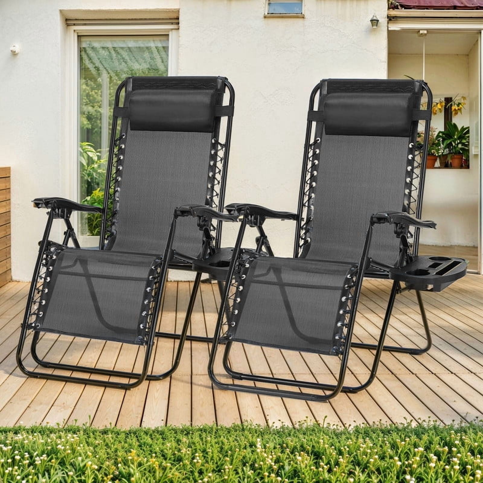 Simenmax Zero Gravity Chair Set of 2 with Cup Holder & Removable Pillows, Adjustable Reclining Outdoor Patio Folding Chairs Portable Lounge Chair Furniture for Poolside, Lawn, Beach, Camping, Black