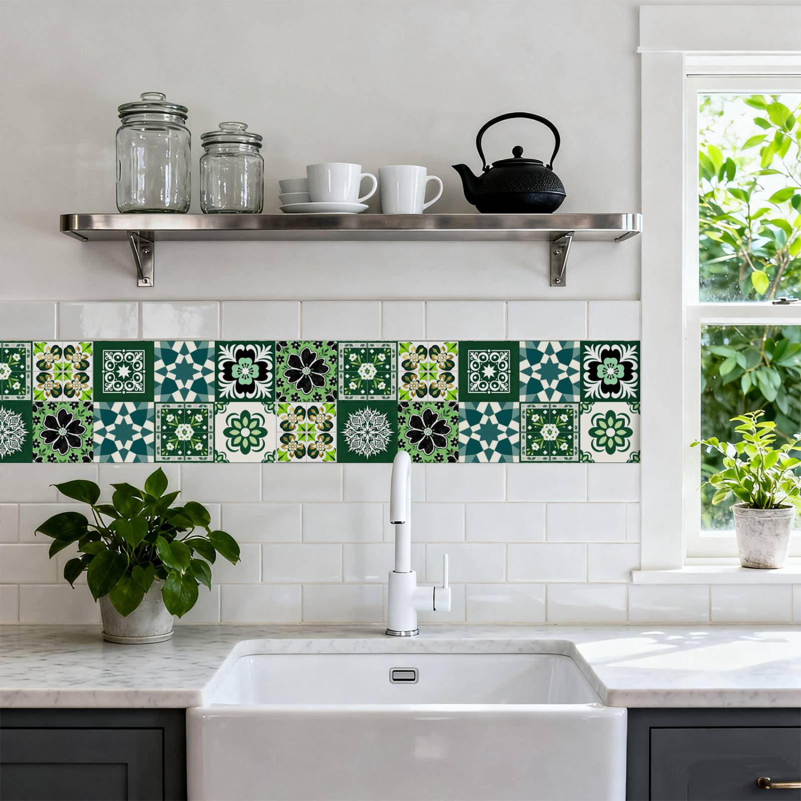 24PCS Mediterranean Style Peel and Stick Wall Tile Decals - 6"x6" Vintage Waterproof Vinyl Moroccan Bohemian Stickers for Kitchen Backsplash, Bathroom, Stair Riser Decor