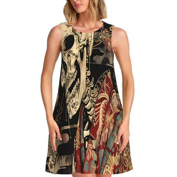 Disketp Gothic Eastern Floral Skull para Vestido sin Mangas para Mujeres, Vestidos de Verano para Mujeres, Casual y Holgado para la Playa