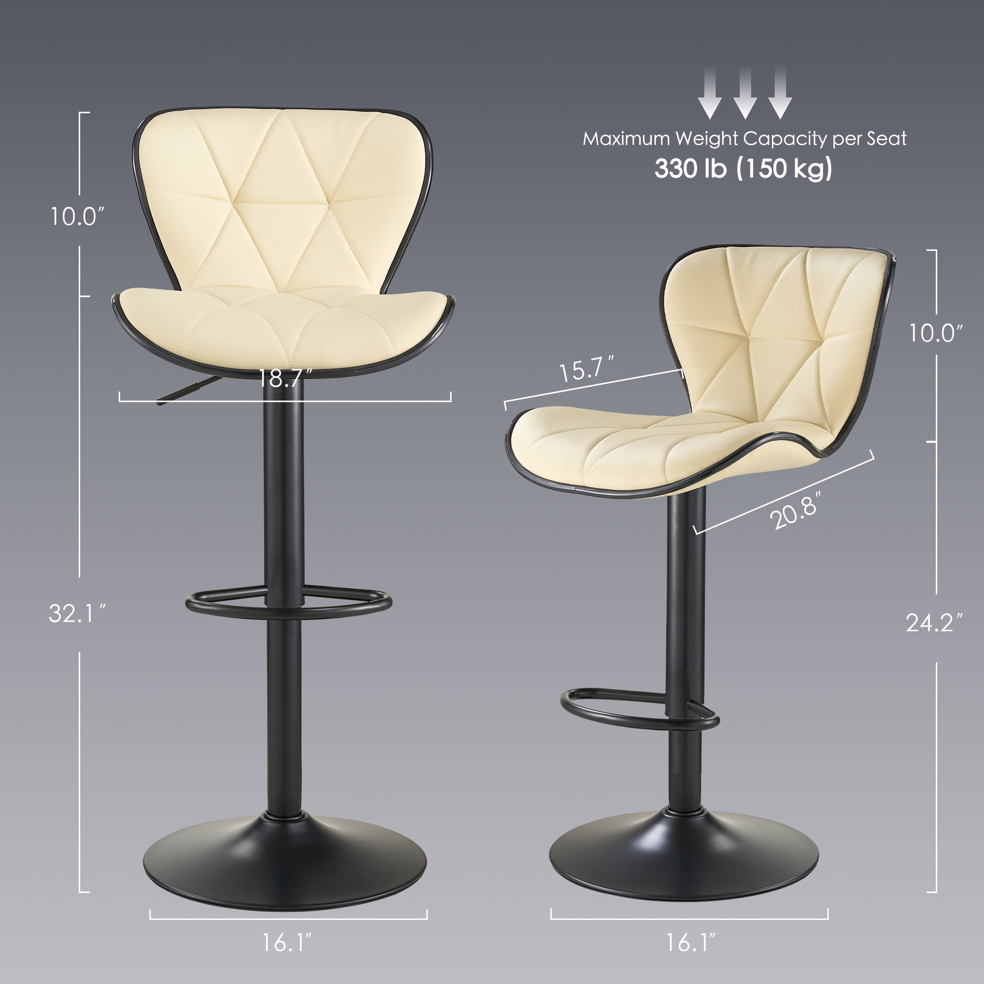 AUNEKIV Bar Stools Set of 2, Modern Swivel Counter Height Bar Stools, Adjustable Leather Bar Chairs with Backrest, Upholstered Armless Bar Height Stools, Island Chairs for Kitchen Counter, Beige