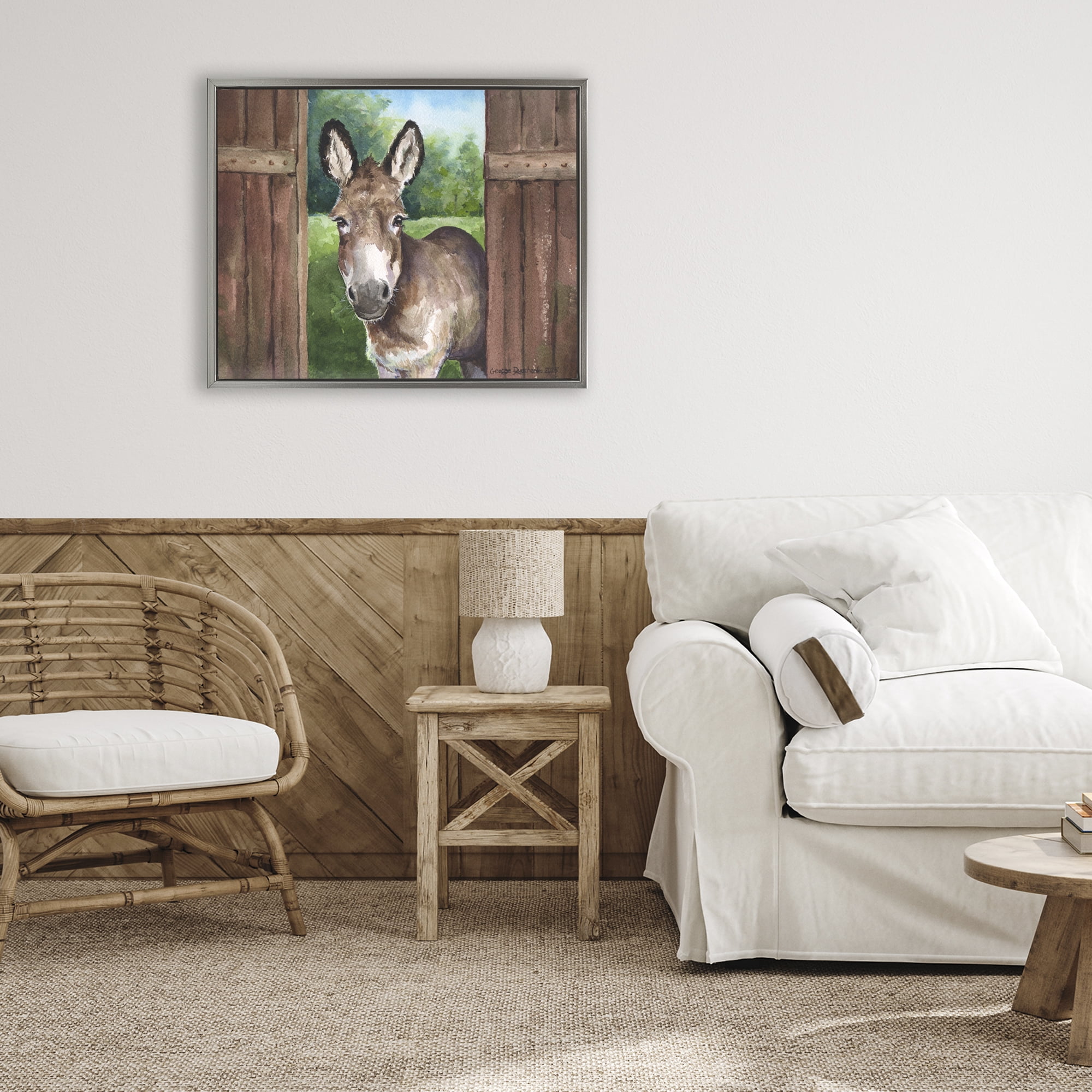 Stupell Industries Donkey in Wooden Gate Gray Framed Floater Canvas Wall Art, design by George Dyachenko