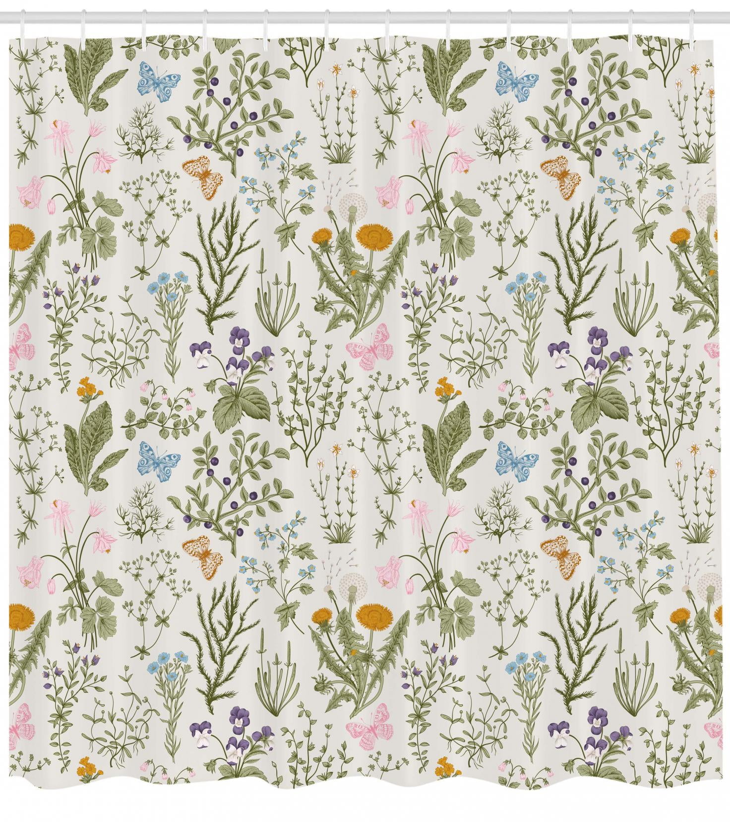 Fl Shower Curtain Vintage Garden Plants With Herbs Flowers Botanical Classic Design Fabric Bathroom Set Hooks Beige Reseda Green Pink