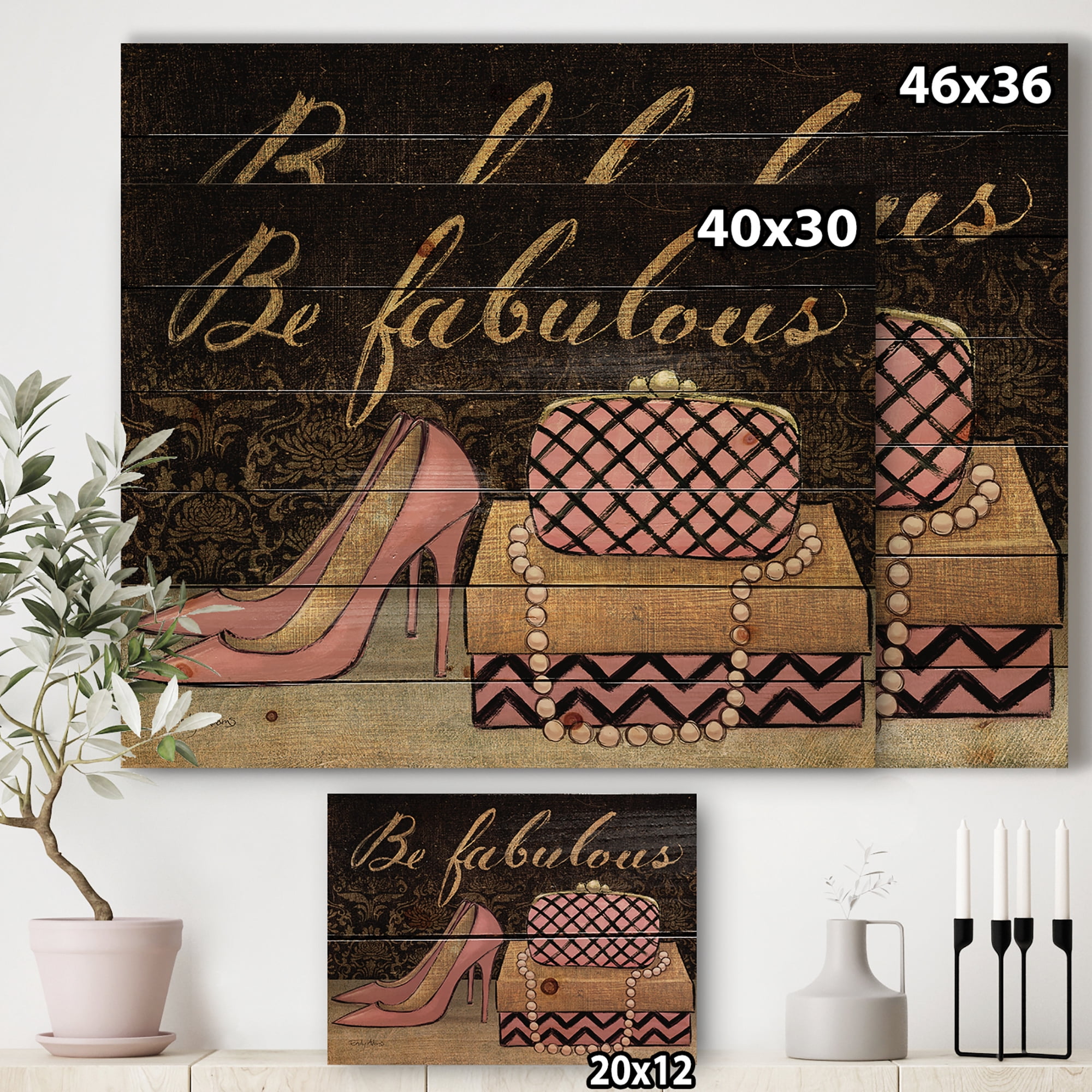 Designart 'Gold Fabulous Fashion Life Style III' Fashion Print on Natural Pine Wood