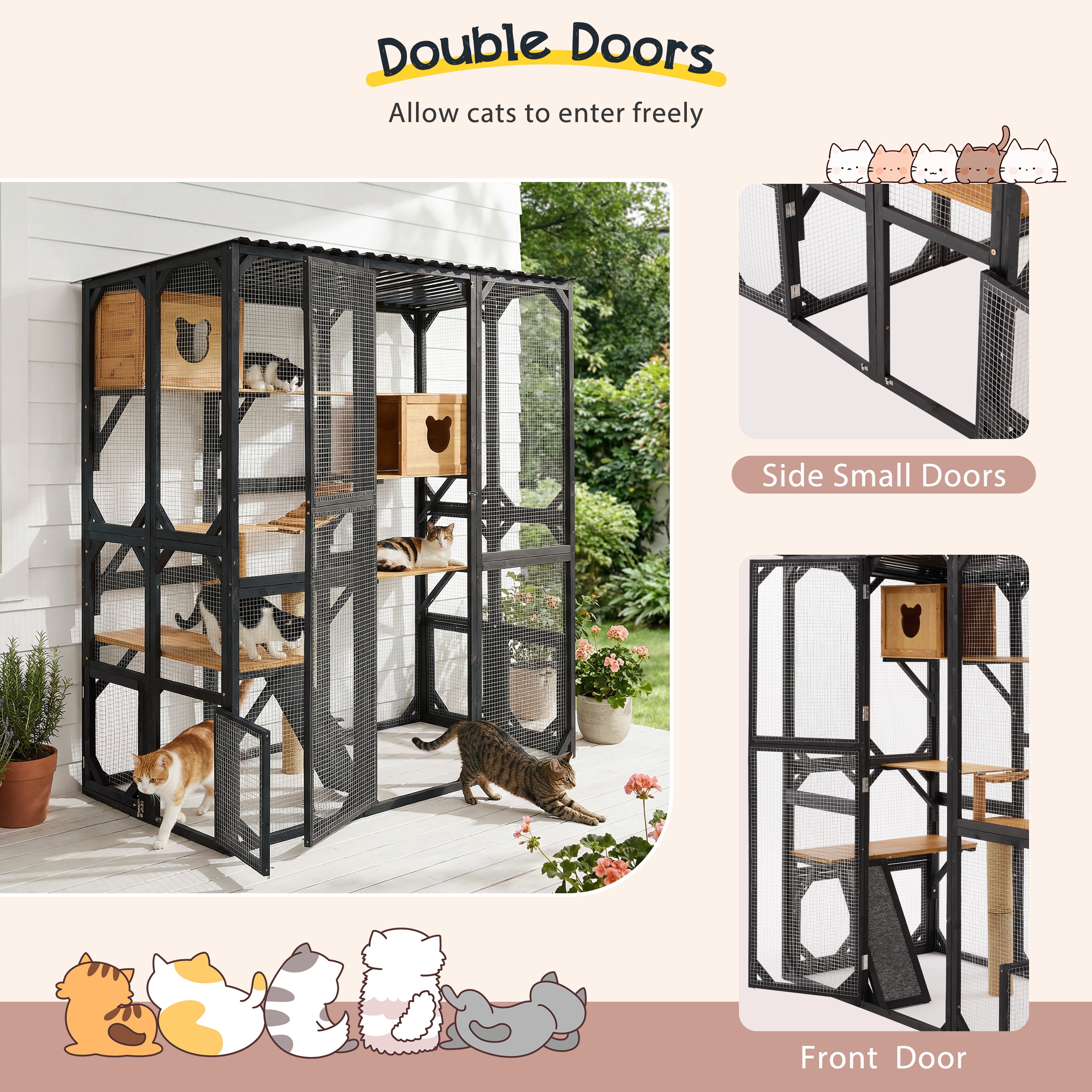 Fir Wood Cat Enclosure, Outdoor Catio House with Sleeping Area for Cats, Black and Brown