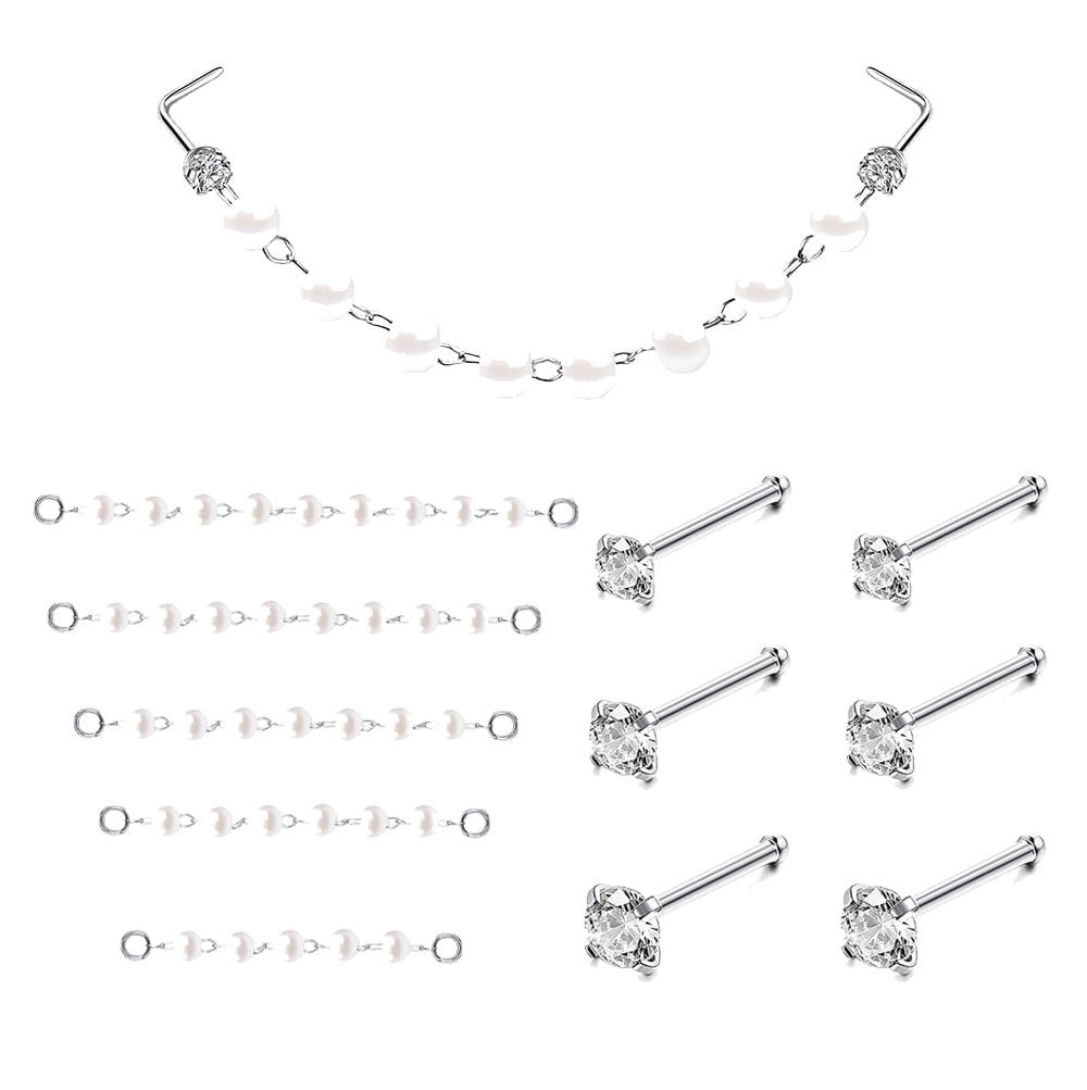 ZS 11Pcs/Set Pearl Nose Chain Piercing Across Nose Stud Cubic Zirconia